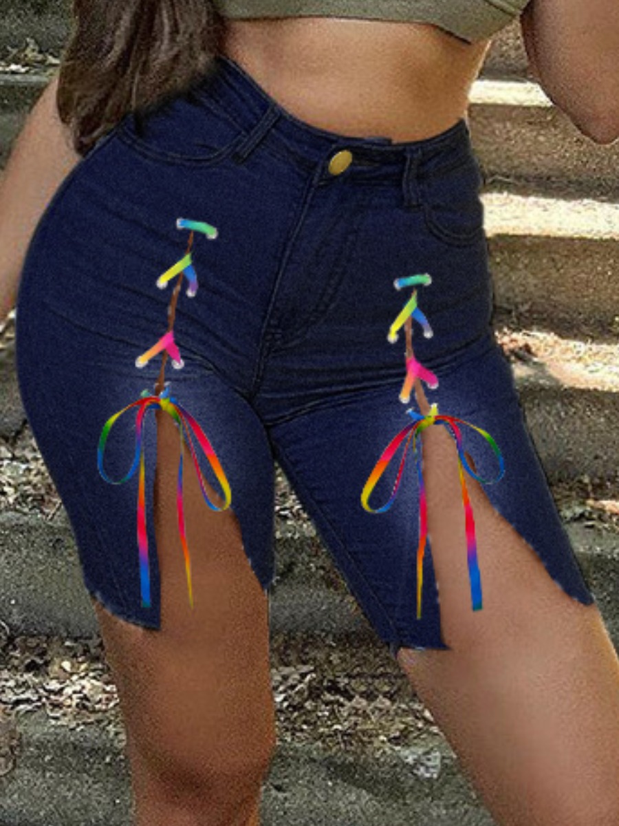 

LW Bandage Design Raw Edge Denim Shorts, Deep blue
