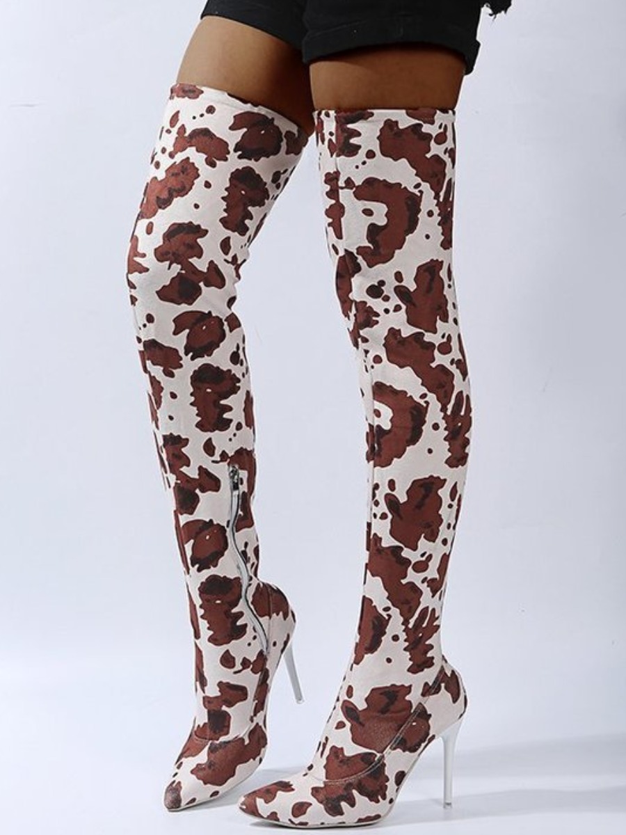 

LW SXY Animal Print Zipper Design Thigh High Boots, Brown