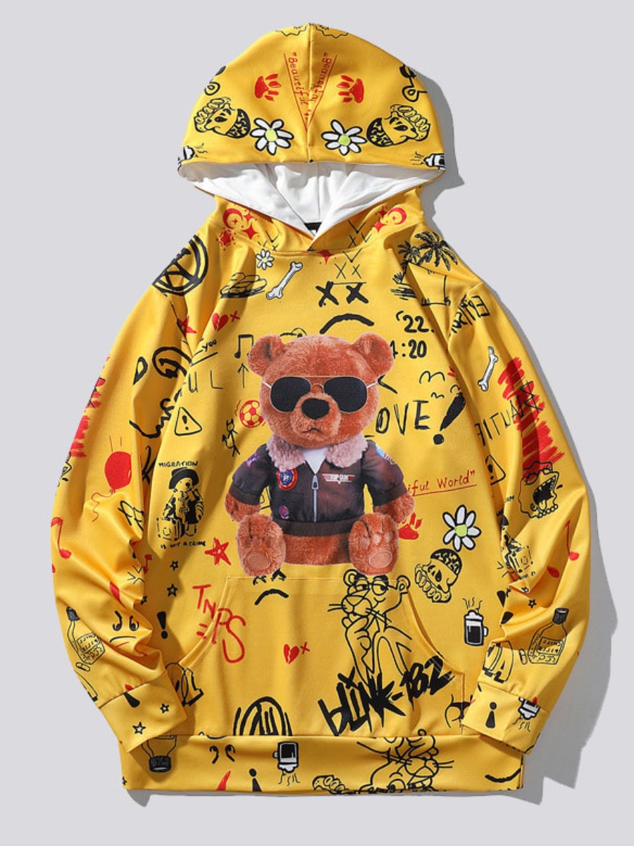 

Lovely Men Cartoon Letter Print Oversized Hoodie, Yellow