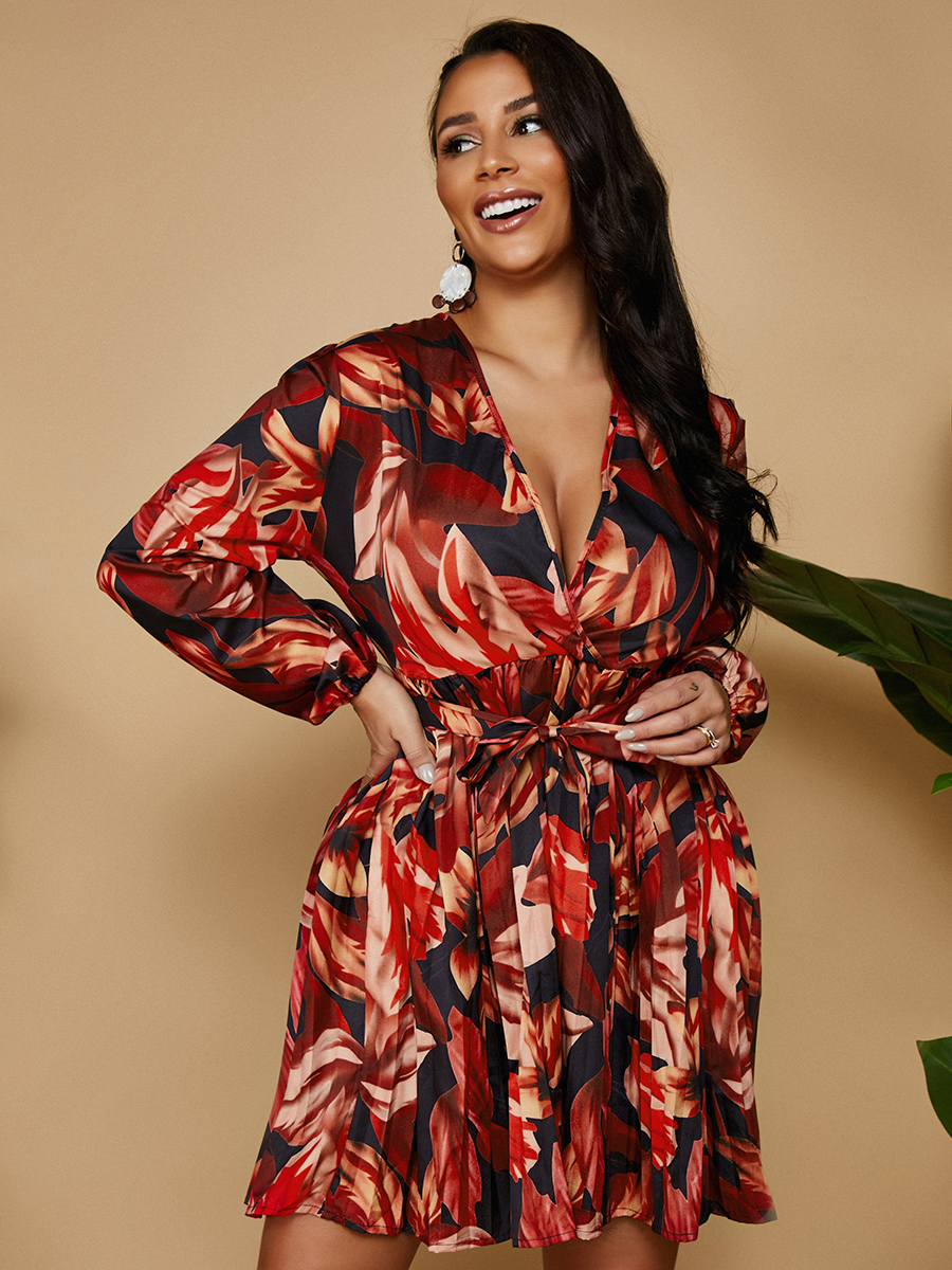 

Lovely Floral Print Bandage Design Dress, Red