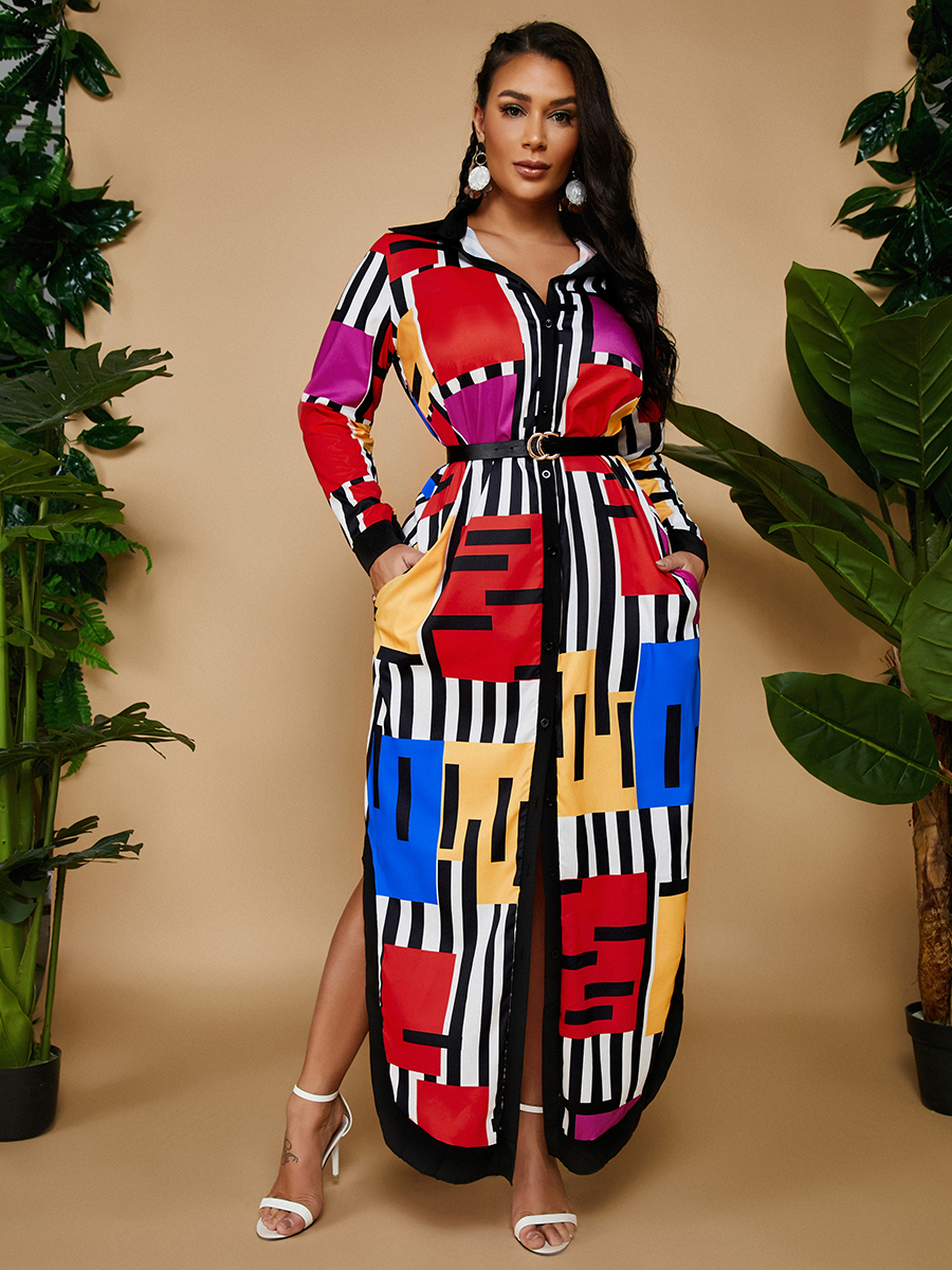 

Lovely Color-lump Patchwork Shirt Dress, Multi