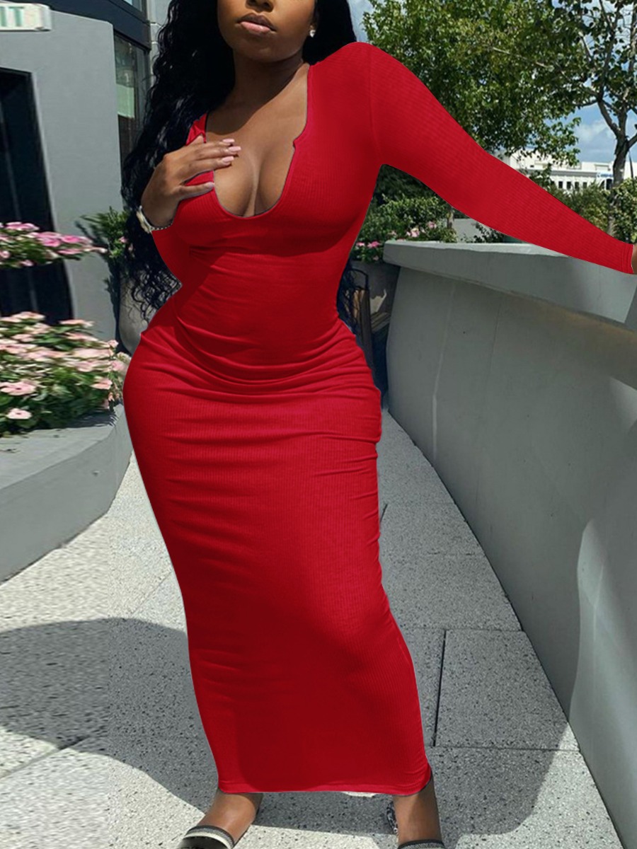 

LW BASICS Plus Size U Neck Bodycon Dress, Wine red