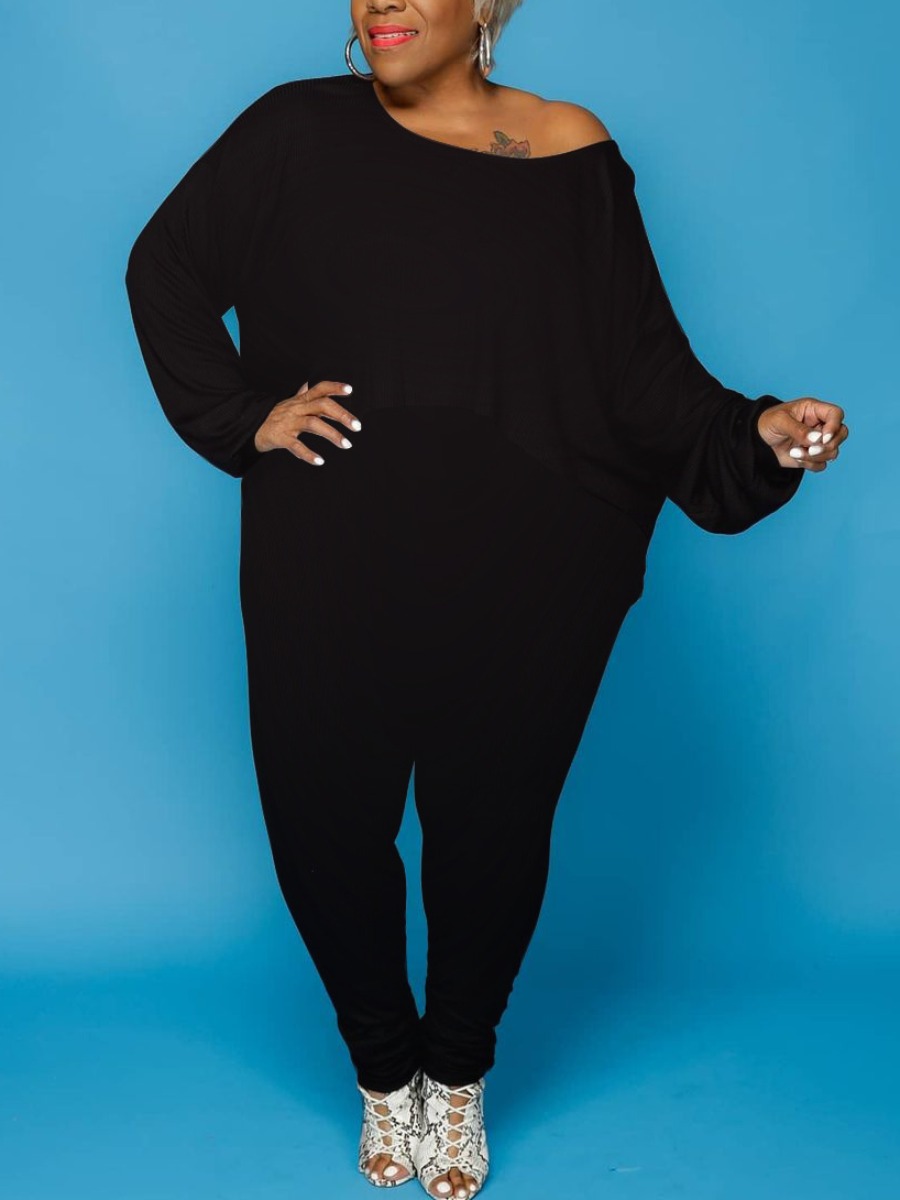 

LW Plus Size Dropped Shoulder Elastic Two-piece Pants Set, Black