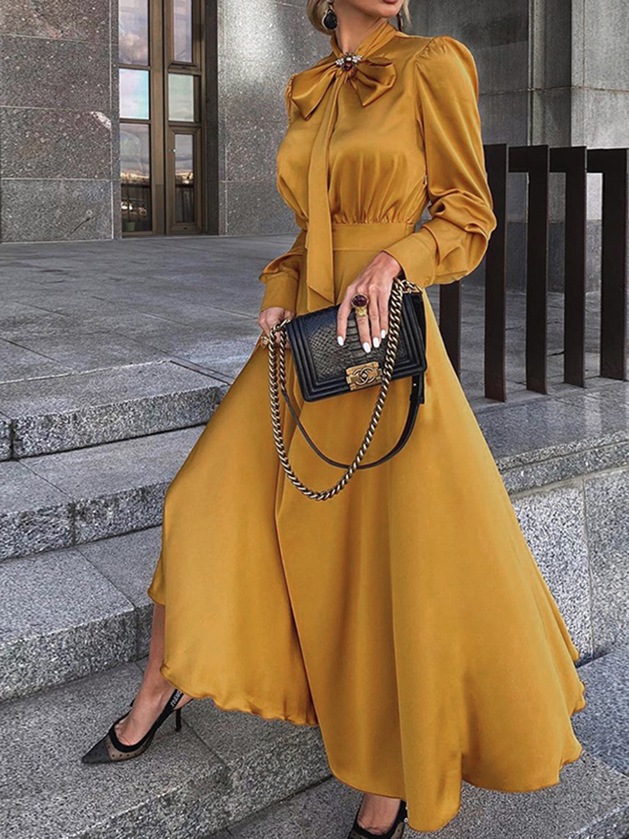 

LW Bow-tie Decoration A Line Dress, Yellow