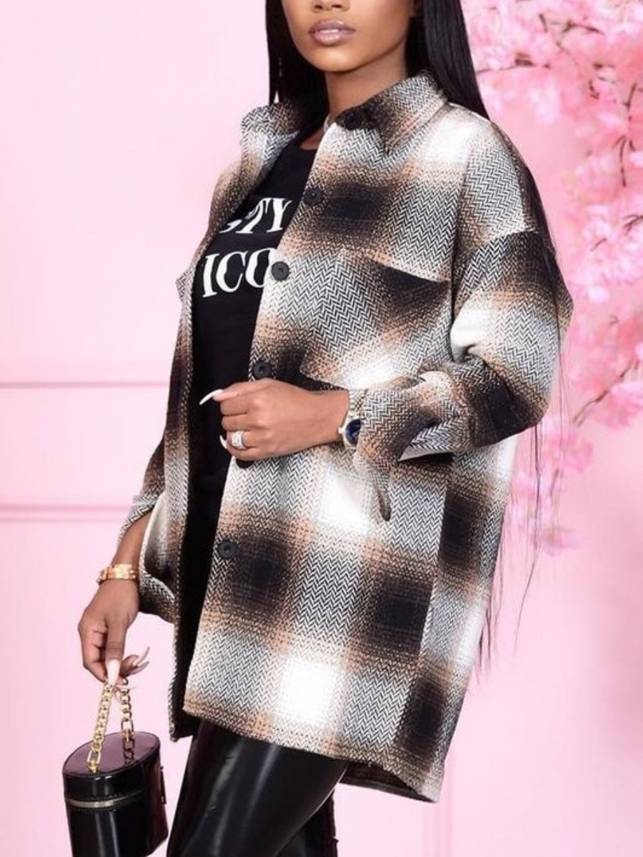 

LW Dropped Shoulder Plaid Print Coat, Black