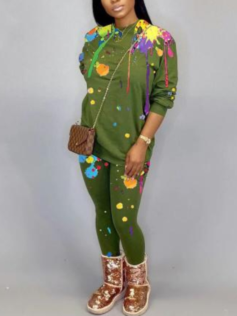 

LW Plus Size Round Neck Splash-ink Design Pants Set, Green