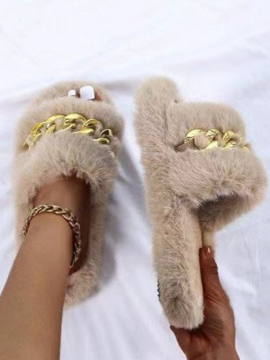 

LW Chain Decoration Plush Slippers, Khaki