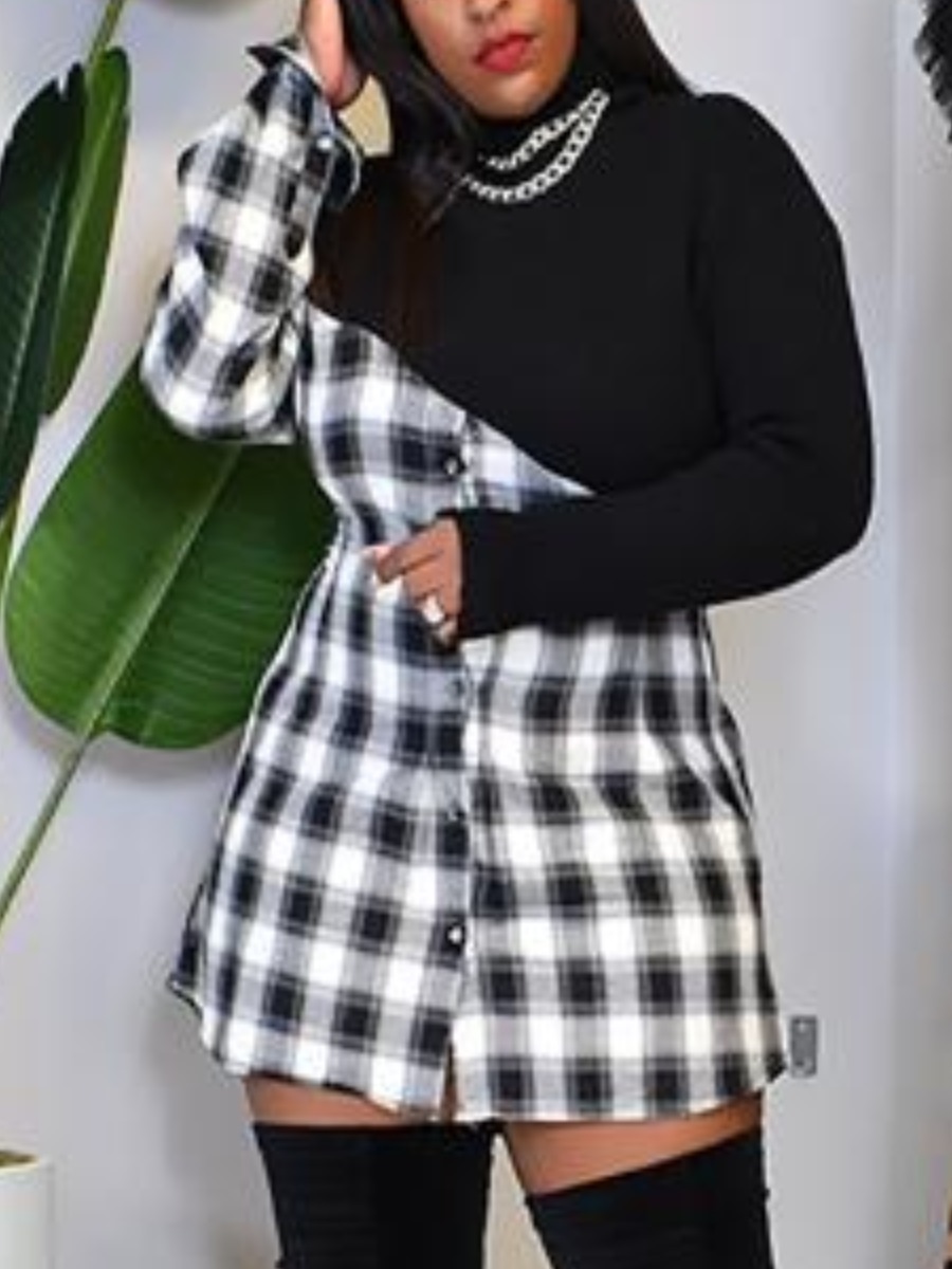 

LW Round Neck Plaid Print Dress, Black & white tartan