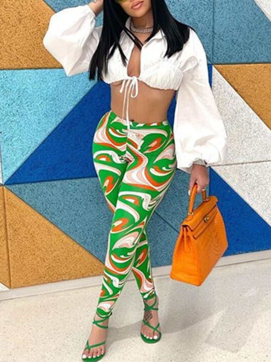 

LW Mixed Print Crop Top Two Piece Pants Set, White