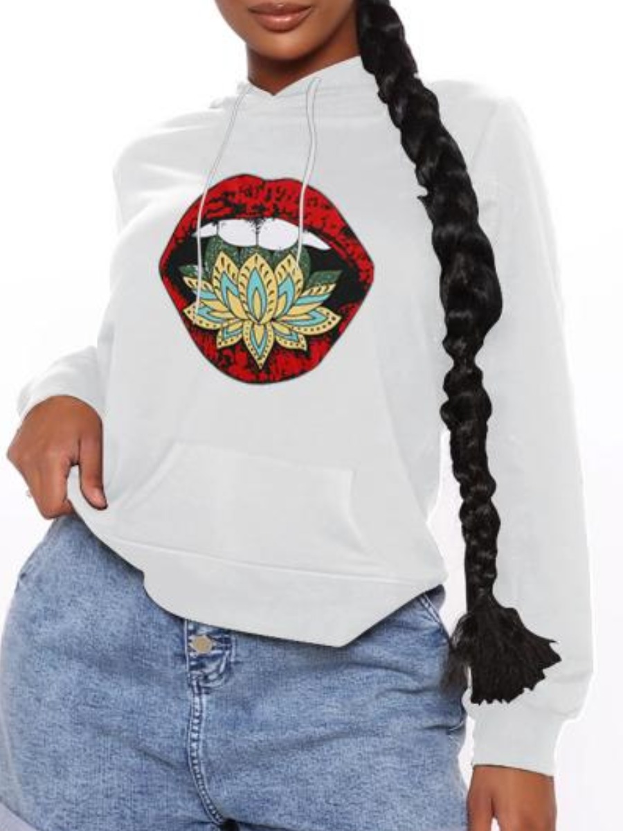 

LW Hooded Collar Lip Print Hoodie, White