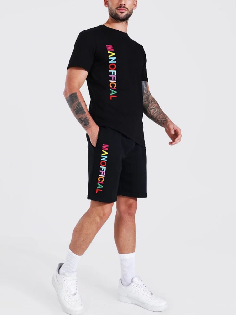 

LW Men Round Neck Letter Print Shorts Set, Black