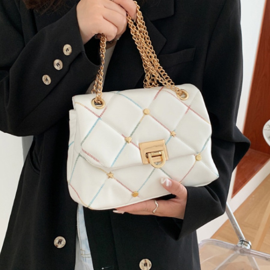 

LW Plaid Pattern Chain Strap Crossbody Bag, White
