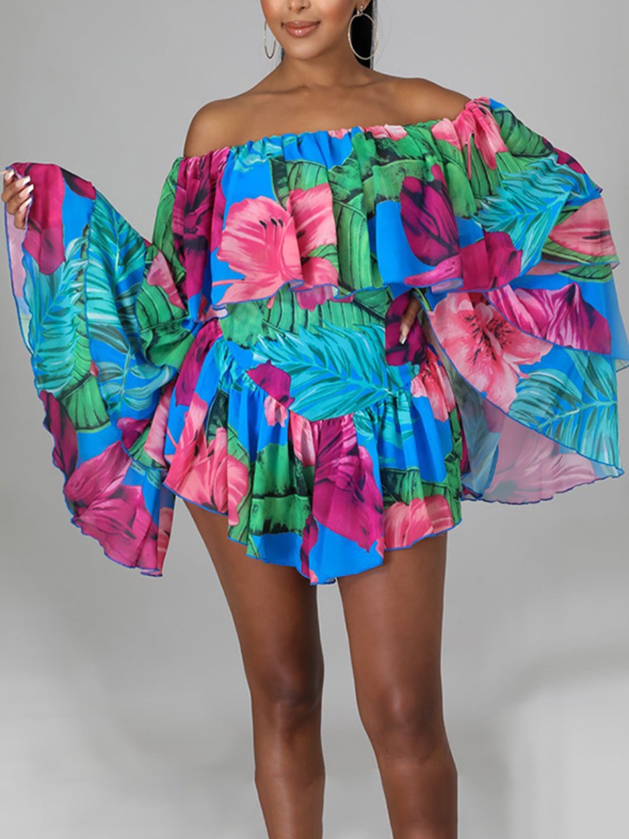 

LW Floral Print Fold-over Flounce Design Romper, Blue