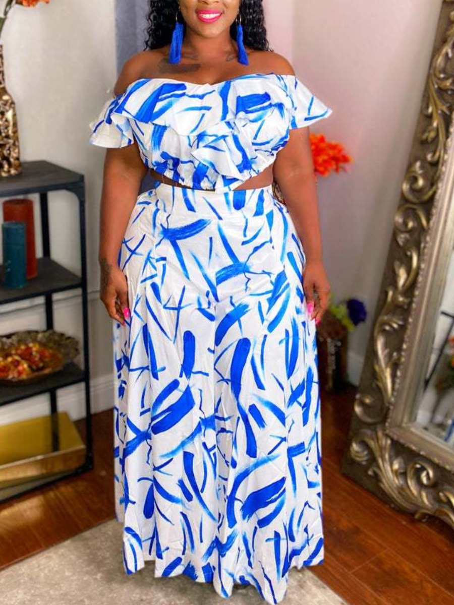 

LW Plus Size Off The Shoulder Flounce Design Pants Set, Blue