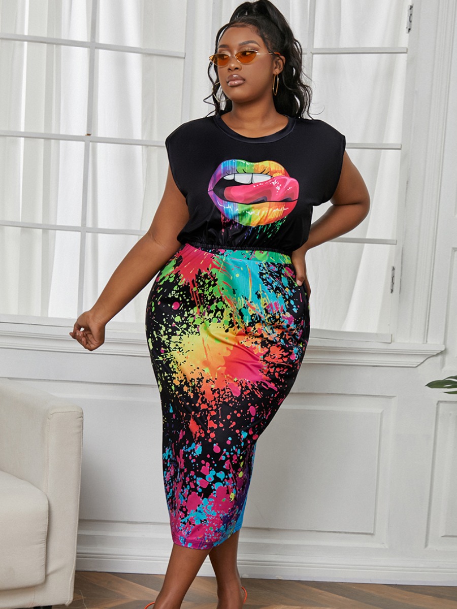 

LW Plus Size Casual Lip Print Splash-ink Design Black Two-piece Skirt Set