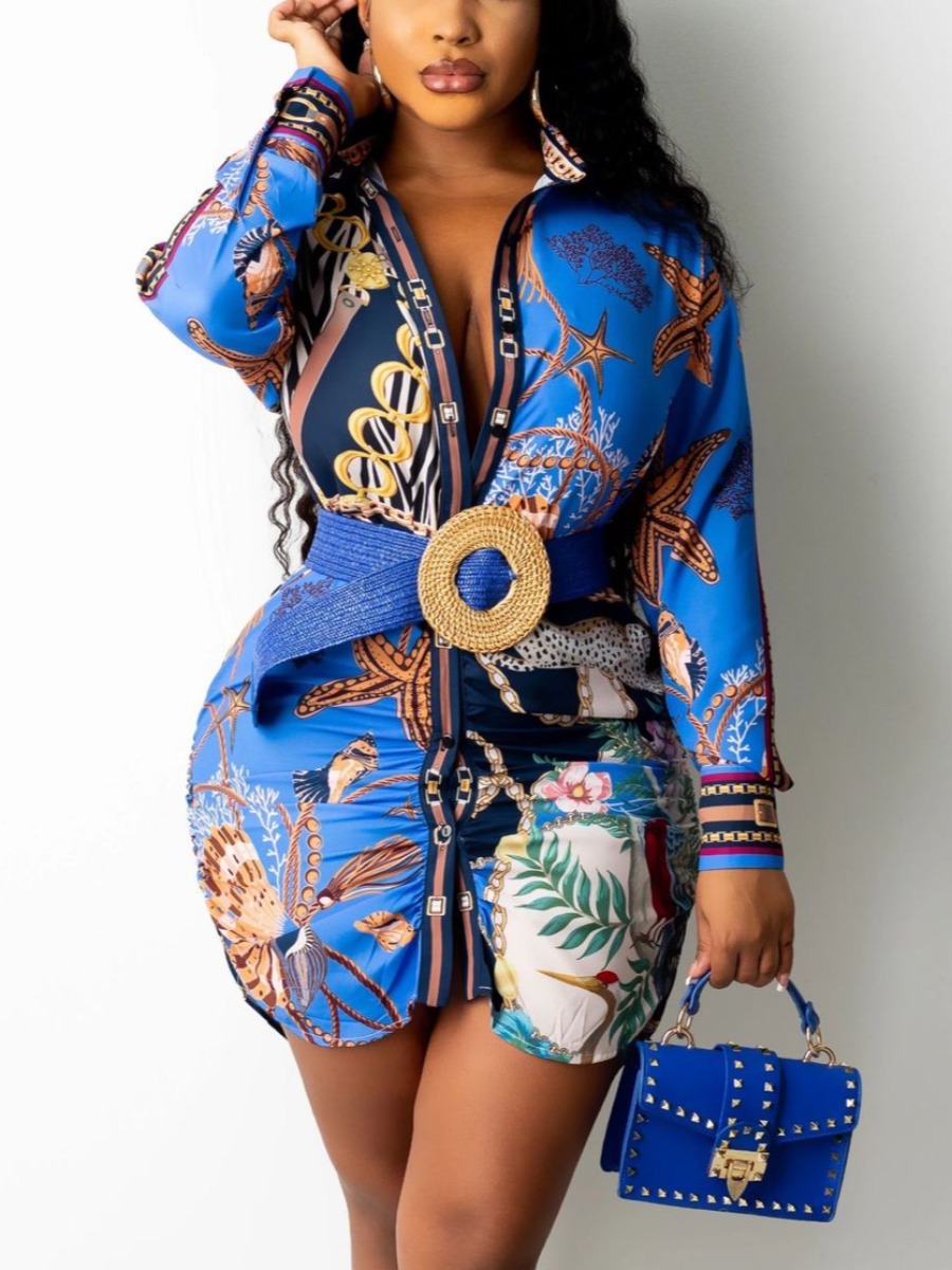 

LW Mixed Floral Print Shirt Dress (Without Belt), Blue