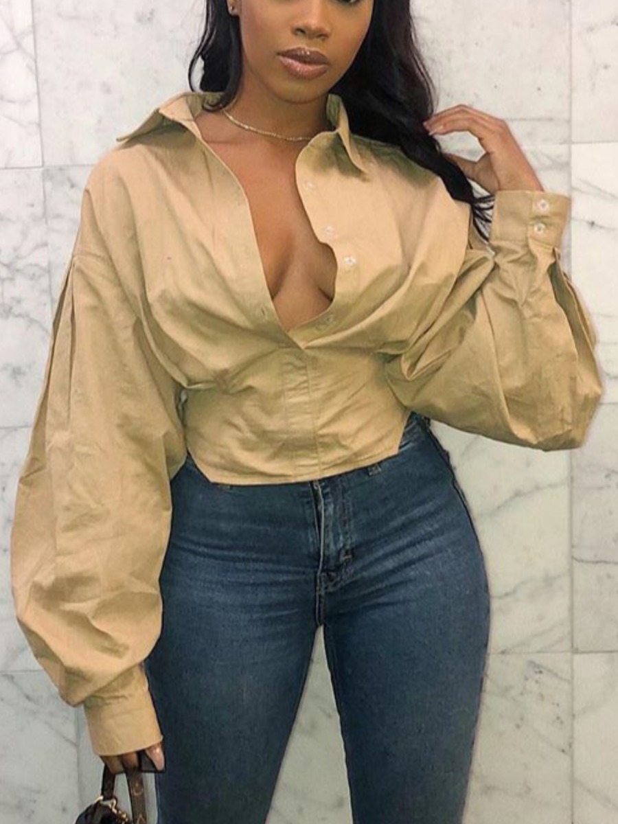 

LW Turndown Collar Dropped Shoulder Blouse, Khaki