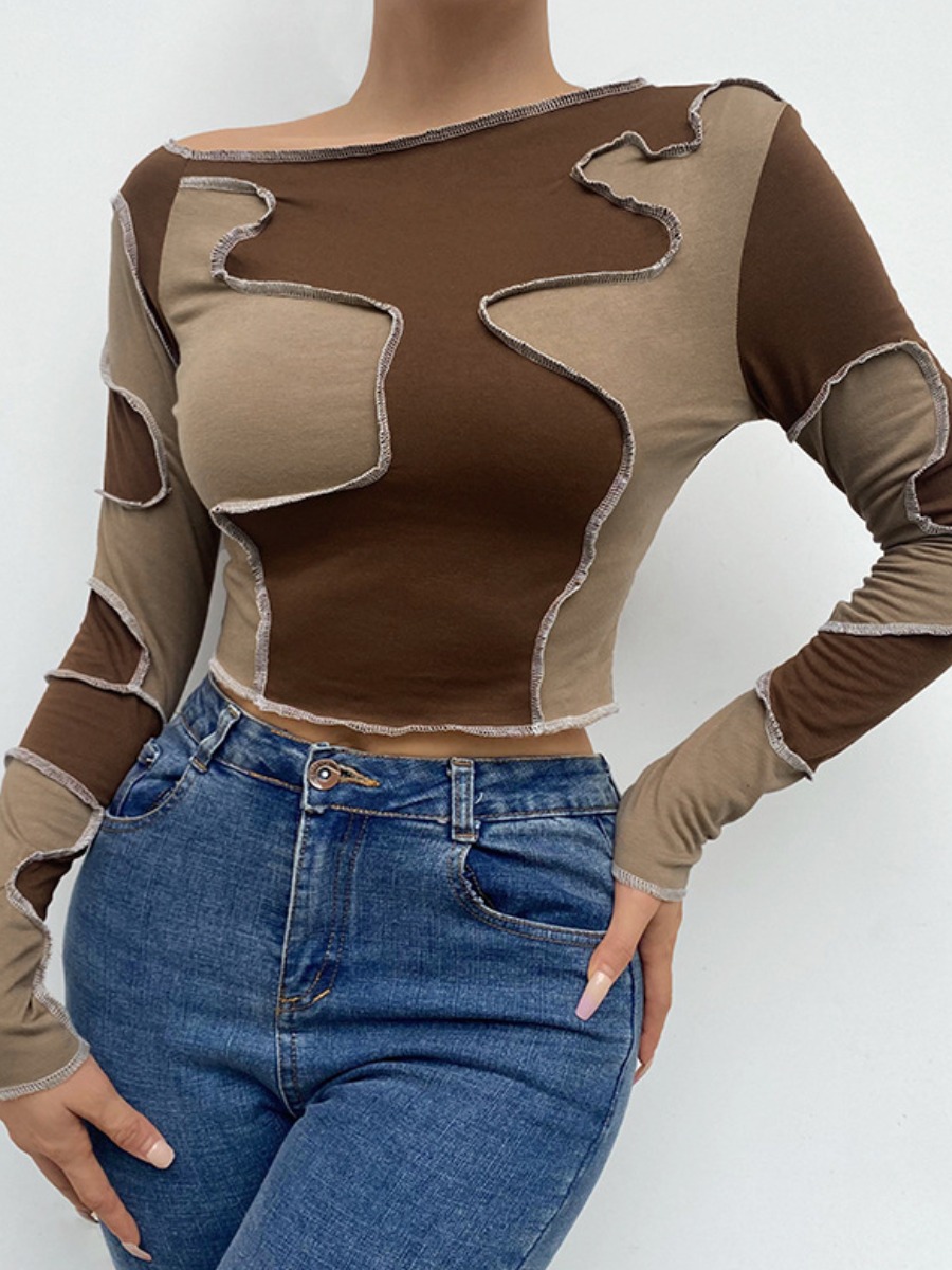 

LW Boat Neck Patchwork T-shirt, Brown