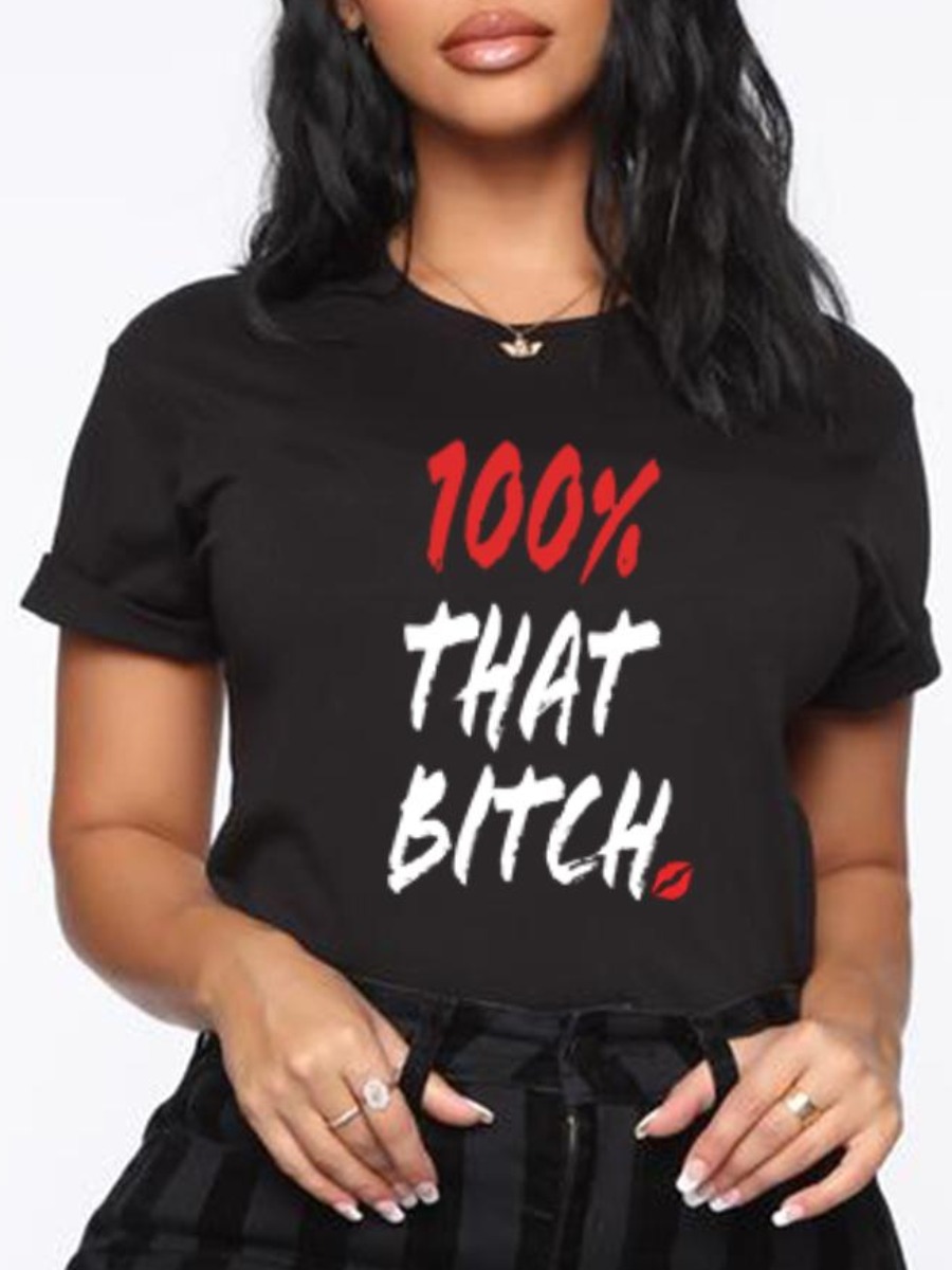 

LW Round Neck Lip Letter Print T-shirt, Black