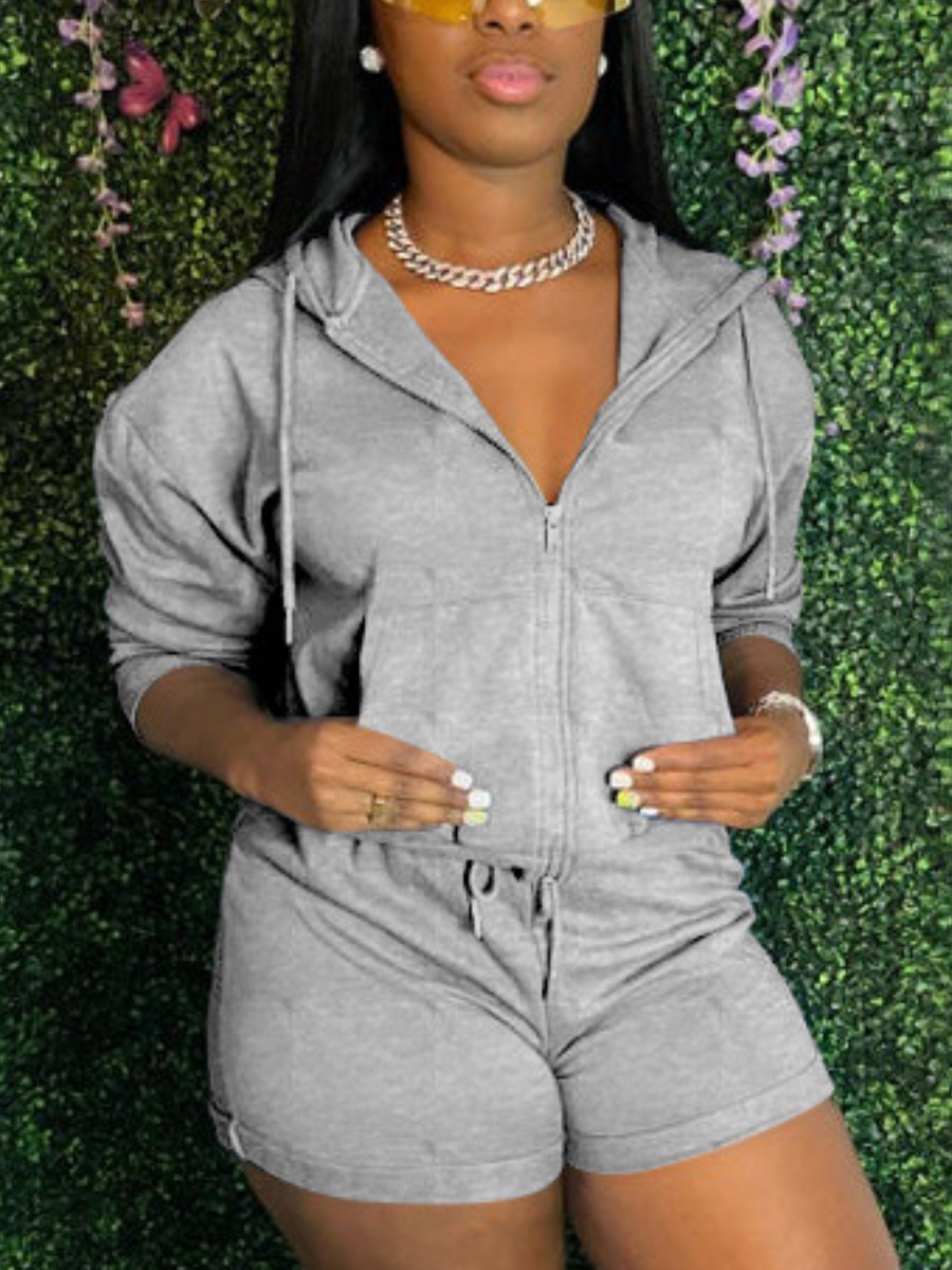 

LW Hooded Collar Drawstring Oversized Shorts Set, Grey
