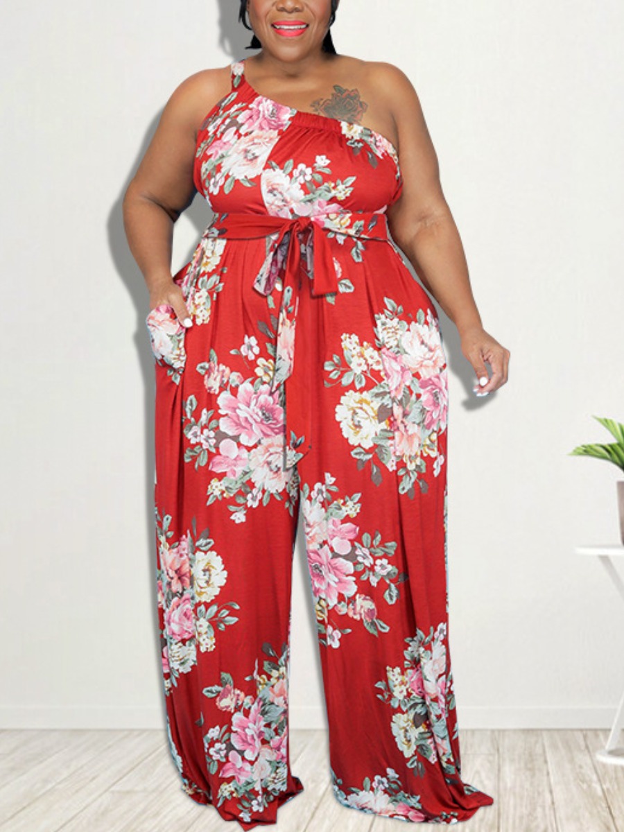

LW Plus Size Floral Print Wide Leg Jumpsuit, Red