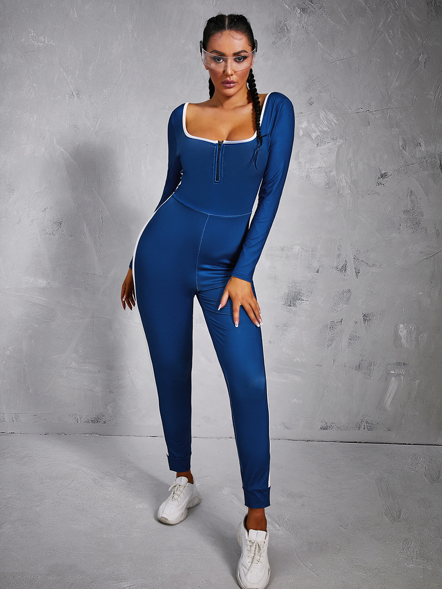 LW Sportswear Patchwork Zipper Design Blue One-piece Jumpsuit от Lovelywholesale WW