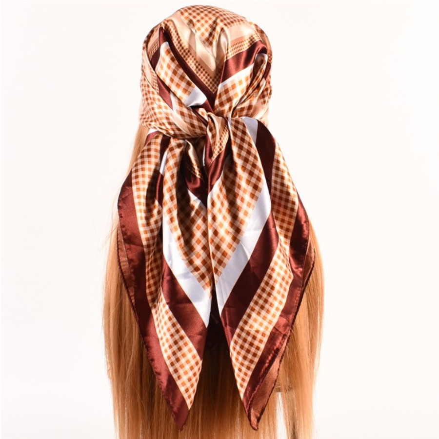 

LW Plaid Print Large Square Bandana Headband, Coffee