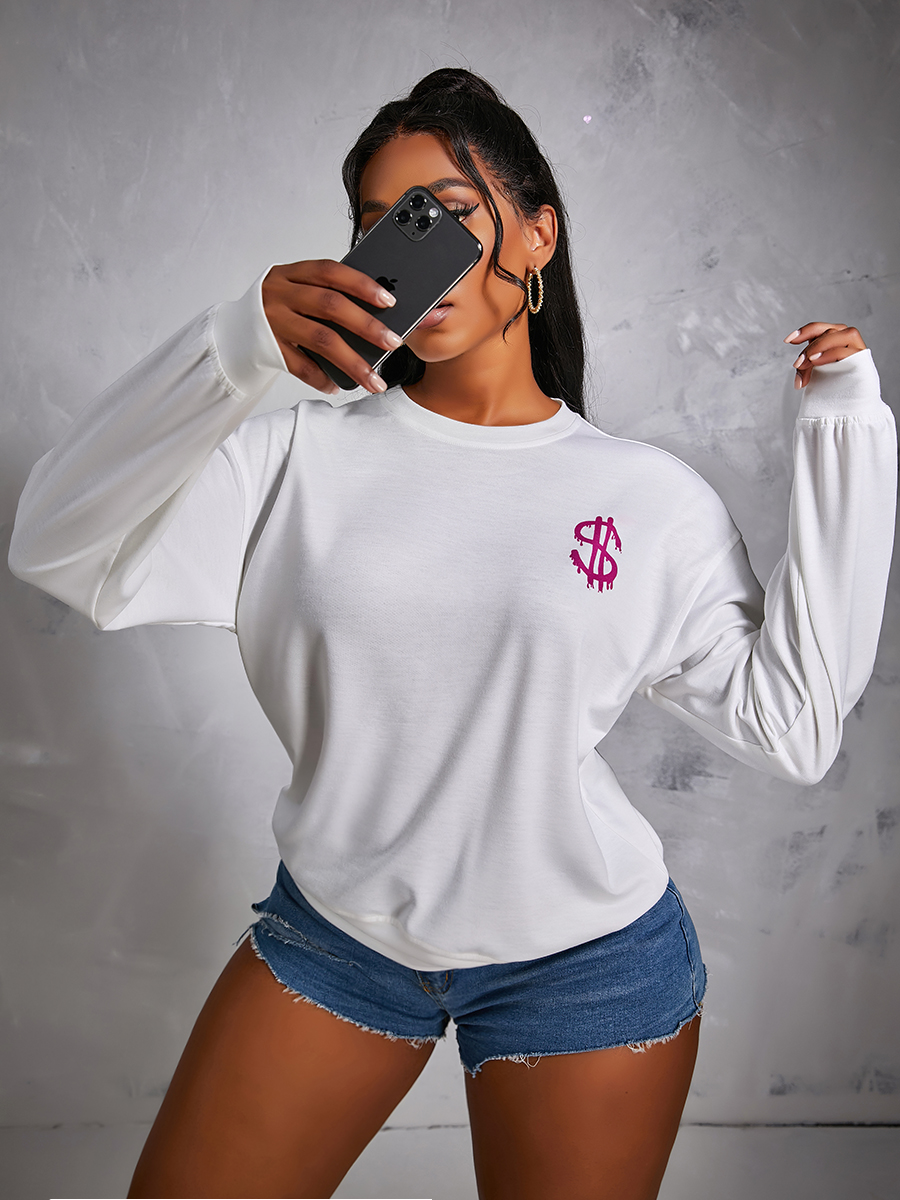 

LW Round Neck Letter Print Sweatshirt, White