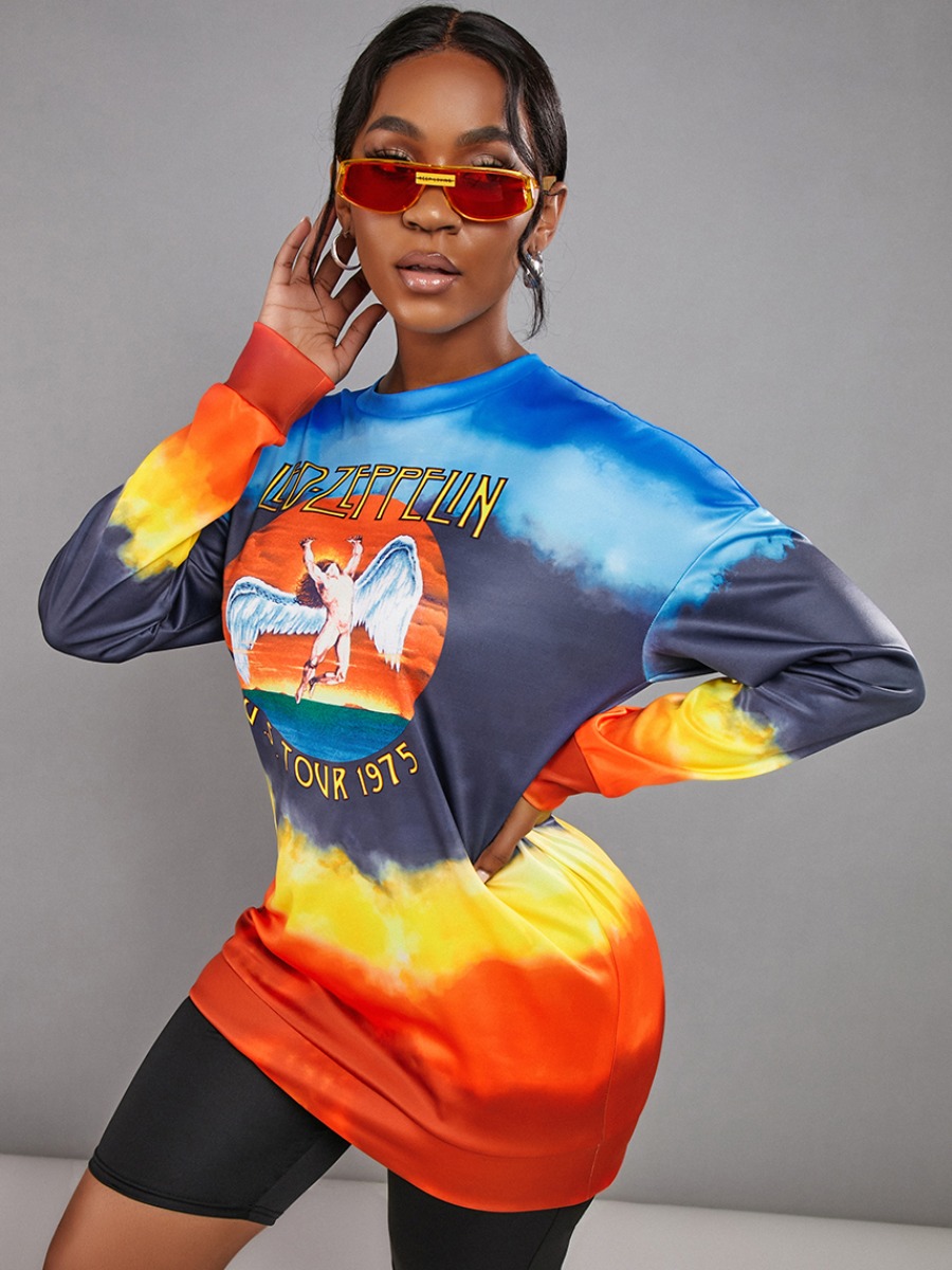 

LW Stylish O Neck Print Orange Red Hoodie