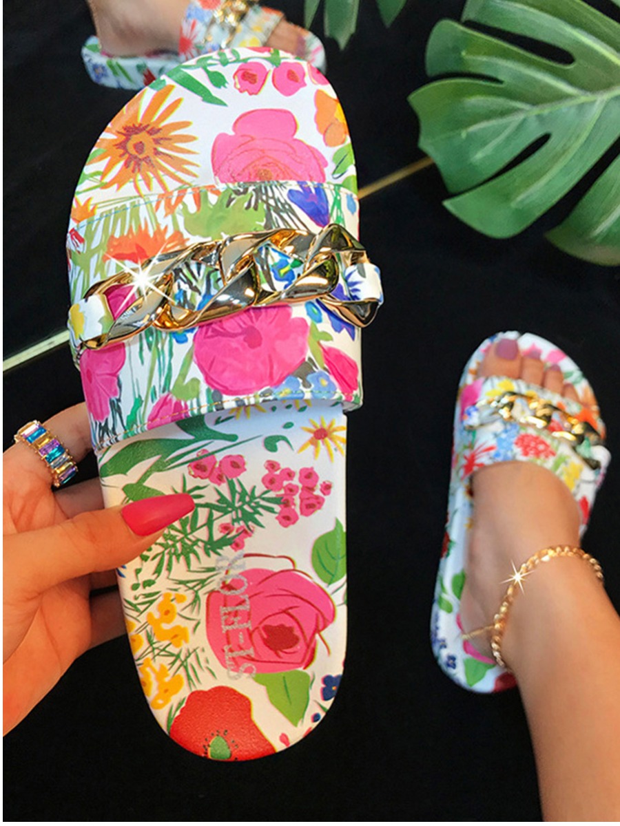 

LW Floral Print Slippers, White