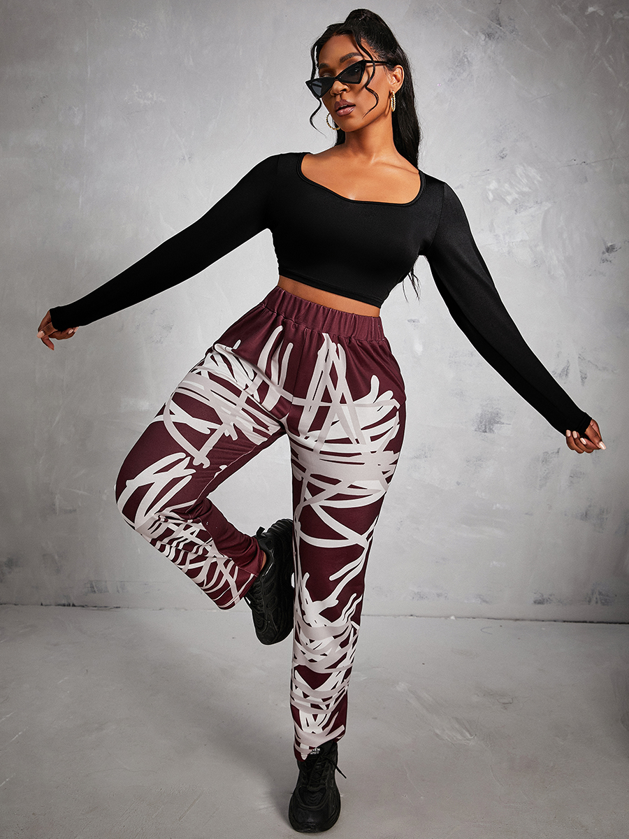 

LW Stylish U Neck Print Wine Red Two Piece Pants Set