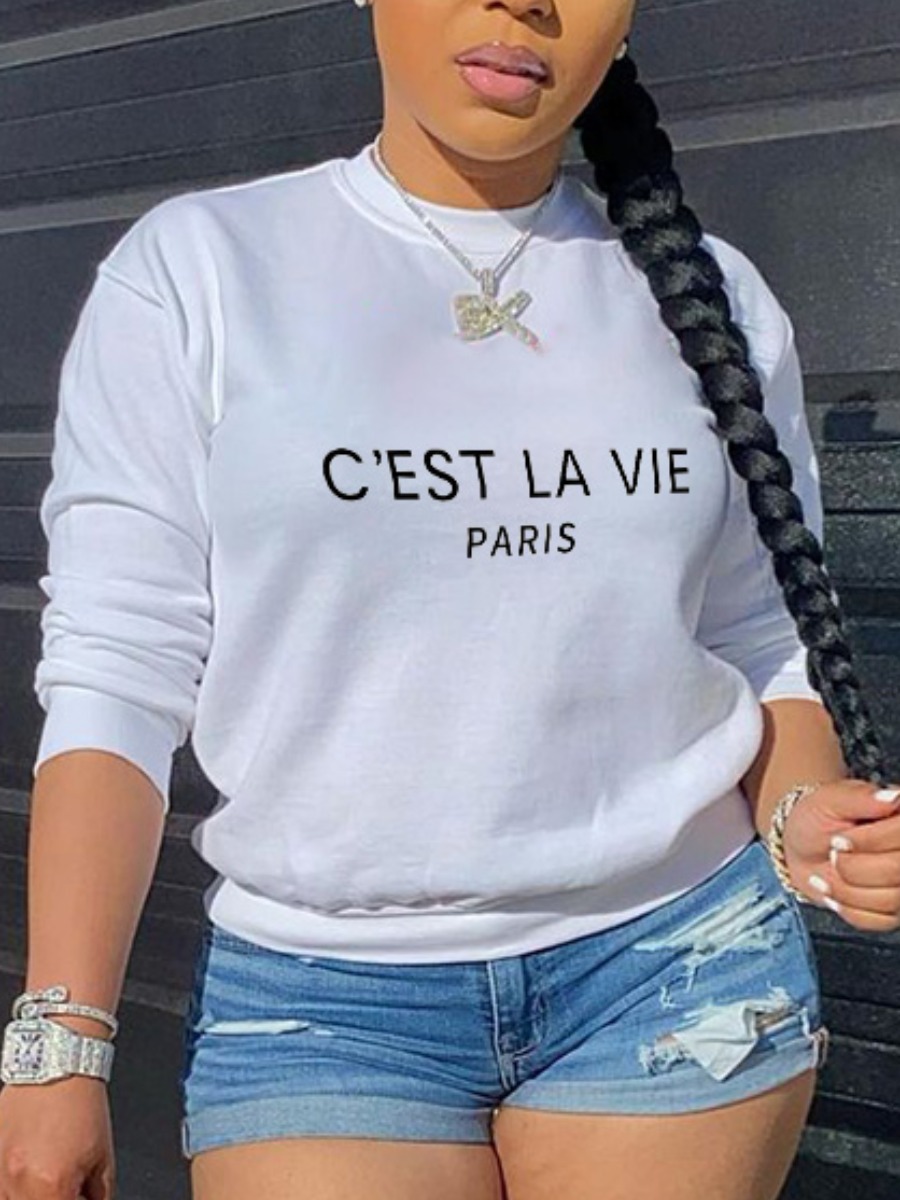 

LW Round Neck Letter Print Hoodie, White