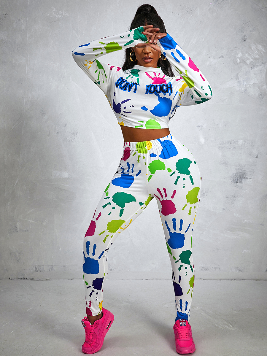 

LW Half A Turtleneck Palm Letter Print Pants Set, White
