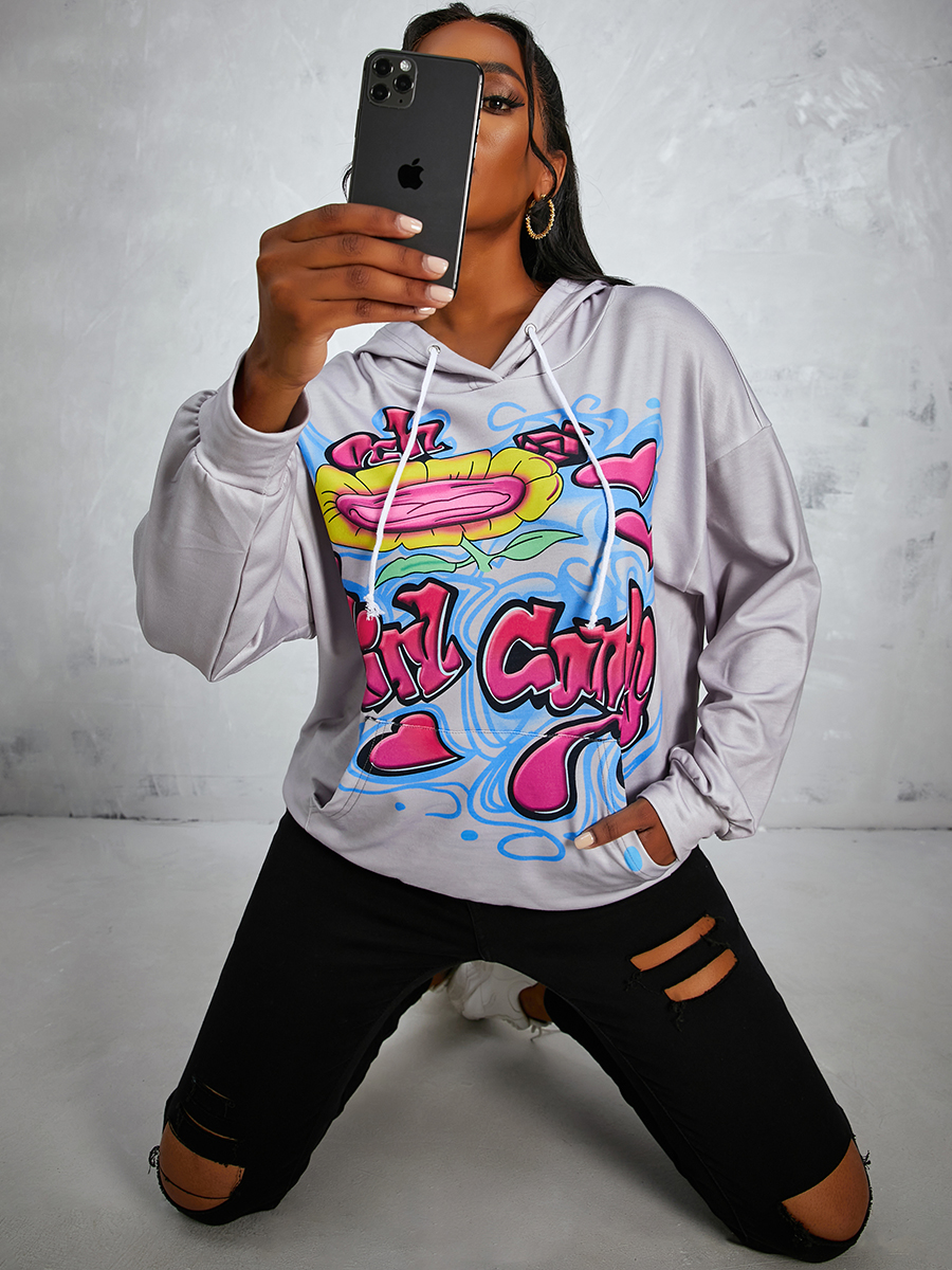 

LW Floral Letter Print Hoodie, Grey