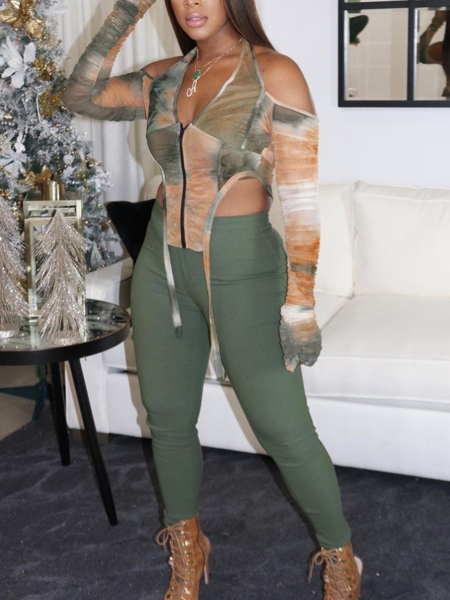 

LW Tie-dye Ruched Pants Set, Green