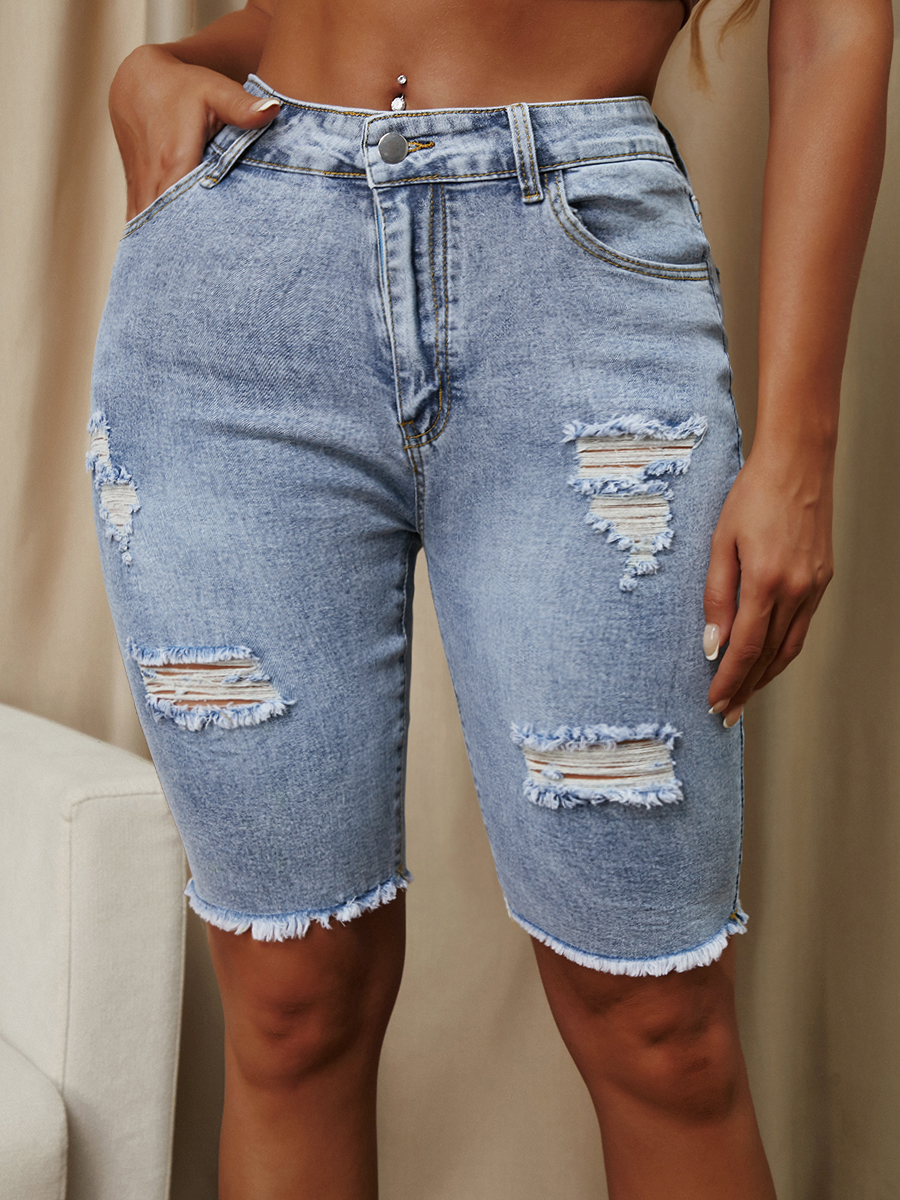 

LW Ripped Raw Edge Denim Shorts, Blue