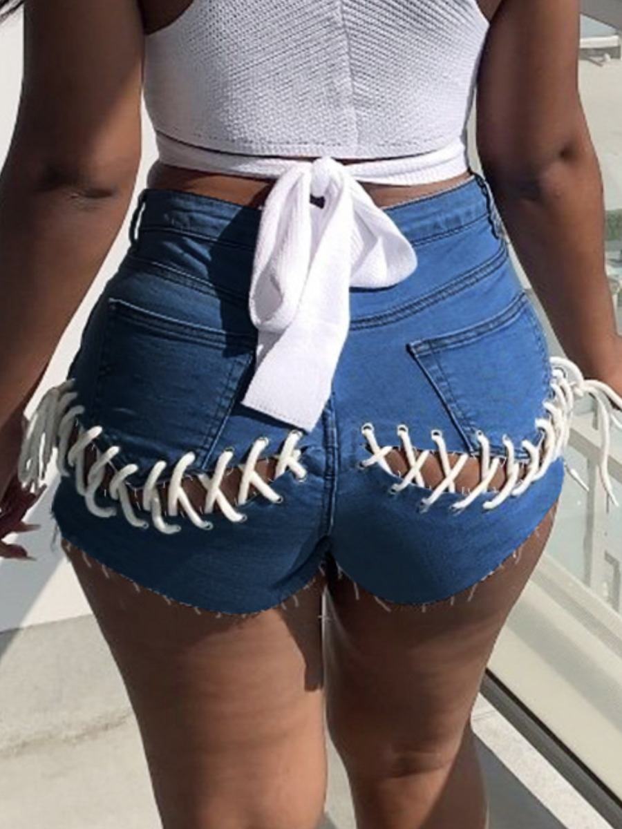 

LW Bandage Design Raw Edge Denim Shorts, Blue