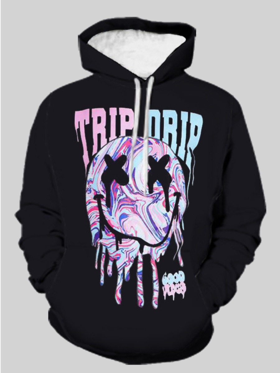 

Lovely Men Cartoon Letter Print Oversized Hoodie, Black