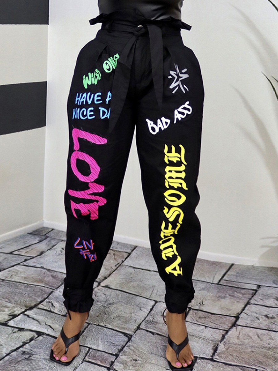 

LW Letter Print Bandage Design Pants, Black