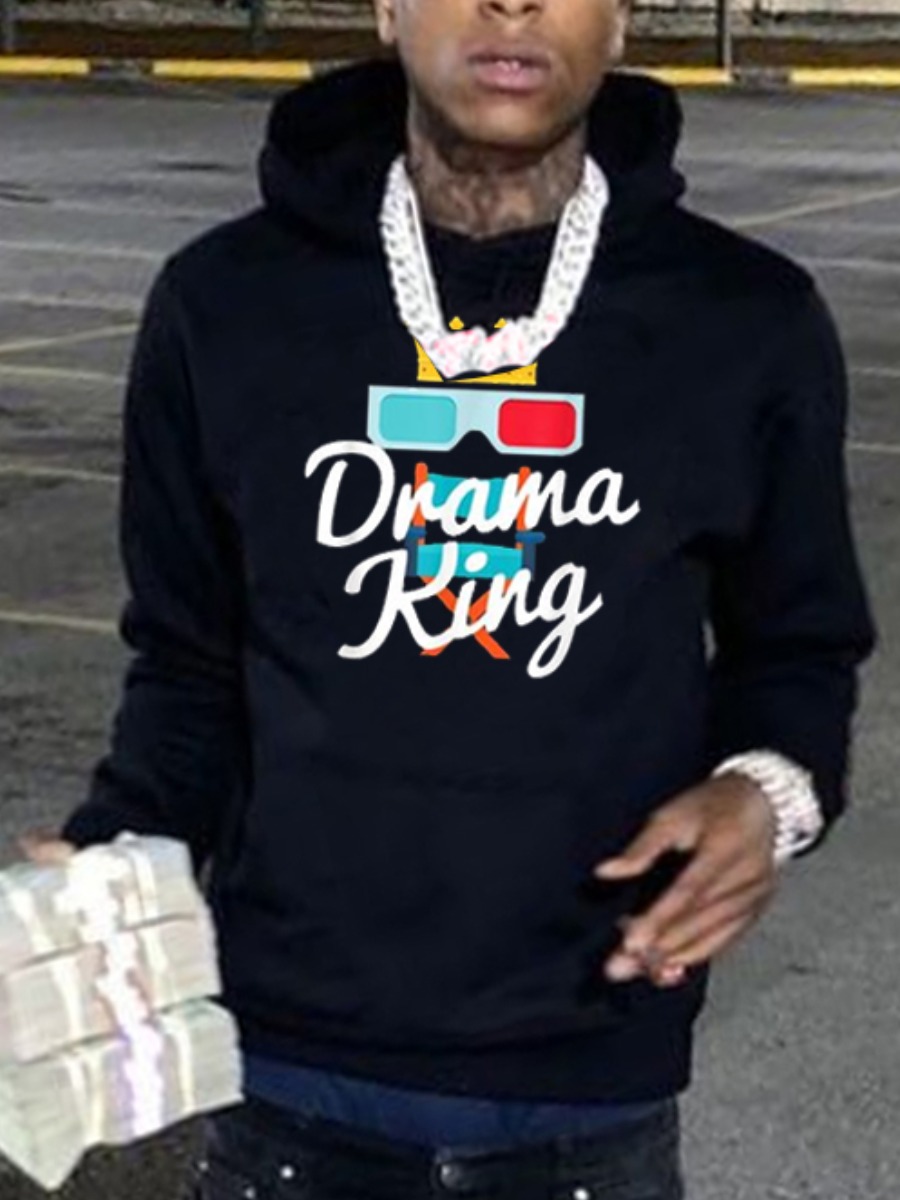 

LW Men Crown Letter Print Hoodie, Black