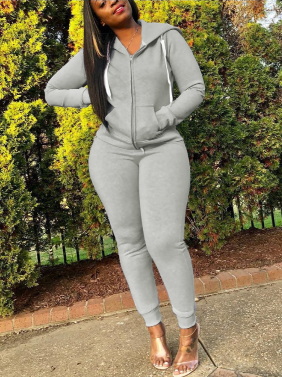 

LW Hooded Collar Grey Pants Set