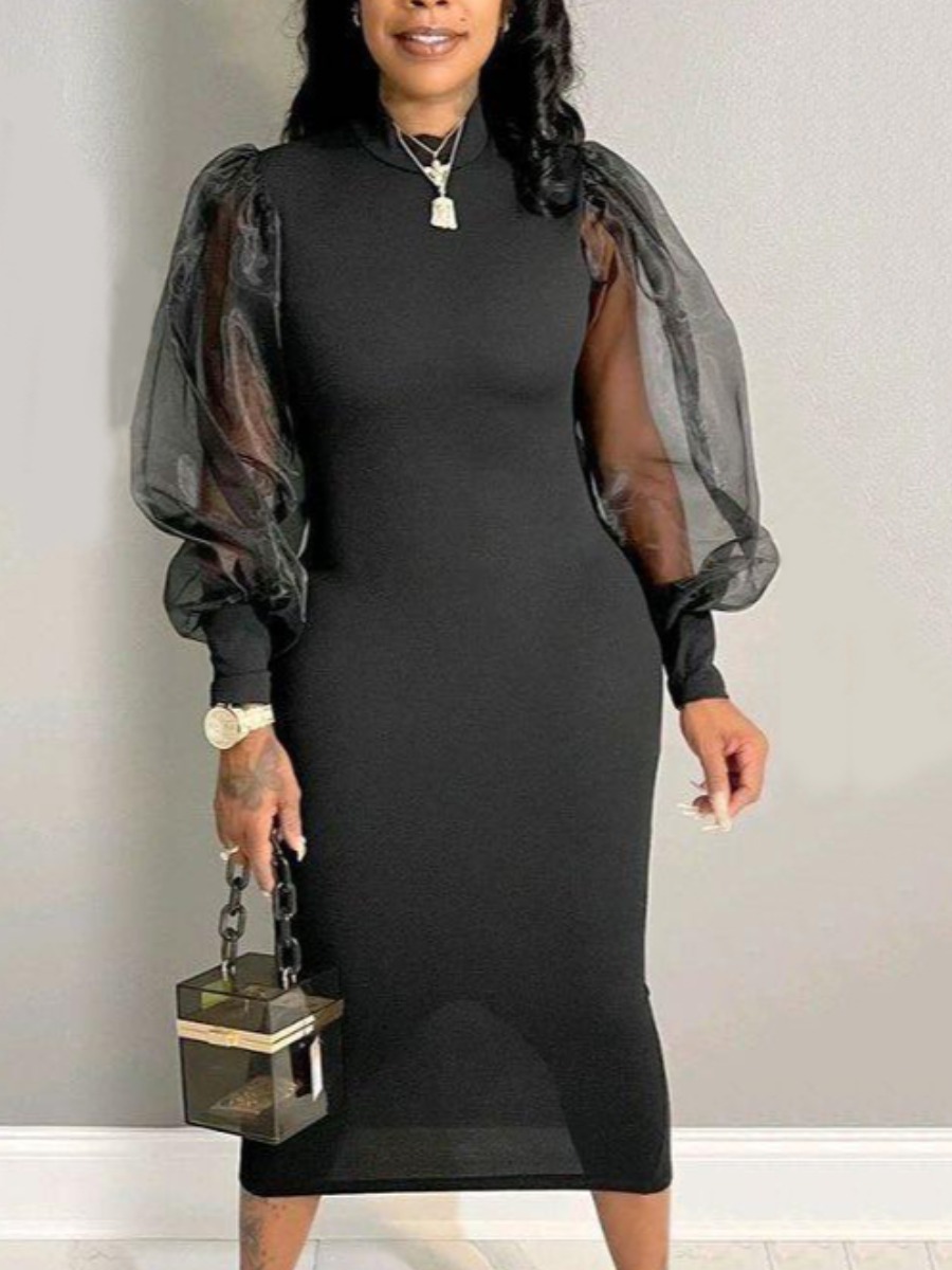 LW Ruffle Design See-through Bodycon Dress, Black