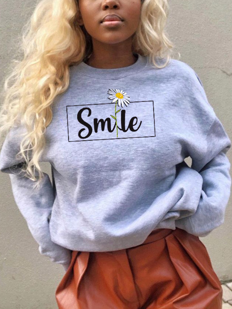 

LW Floral Letter Print Oversized Hoodie, Grey