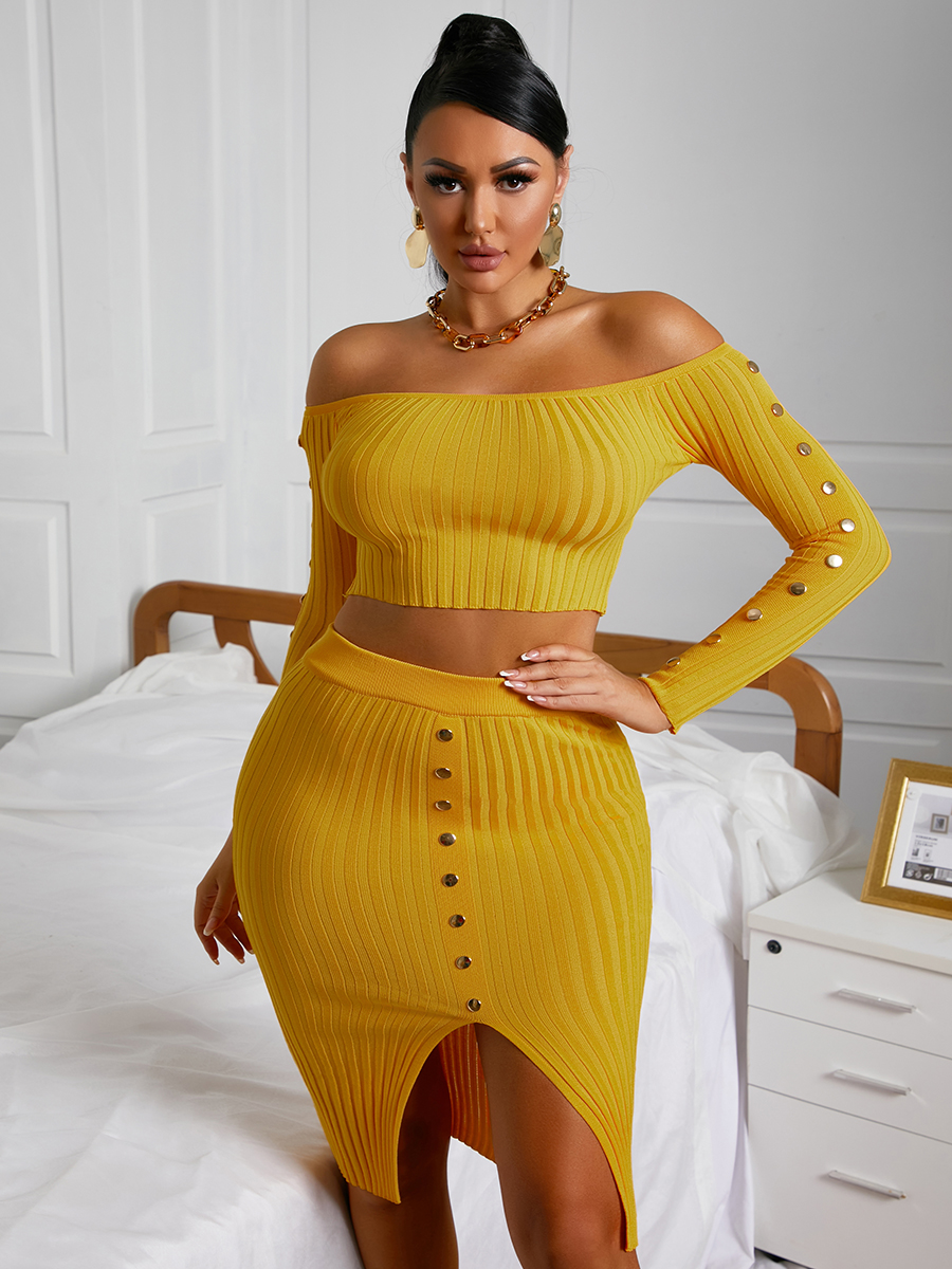 

LW Boat Neck Button Design Slit Skirt Set, Yellow