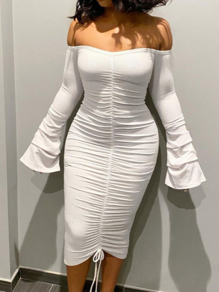 

LW Off The Shoulder Flared Drawstring Bodycon Dress, White