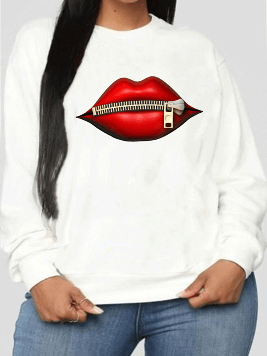 

LW Plus Size Dropped Shoulder Lip Print Hoodie, White