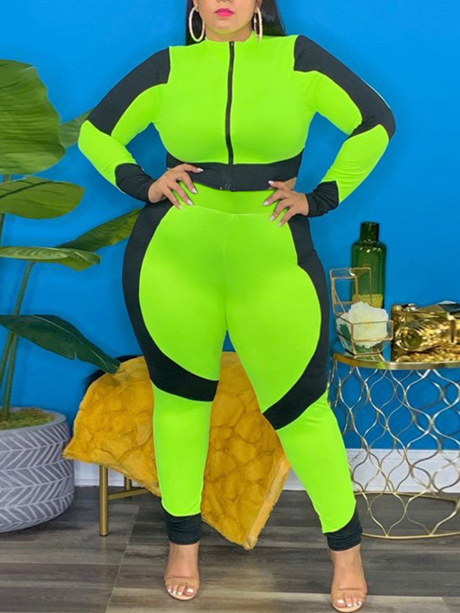 

LW Plus Size Color-lump Zipper Design Two Piece Pants Set, Green