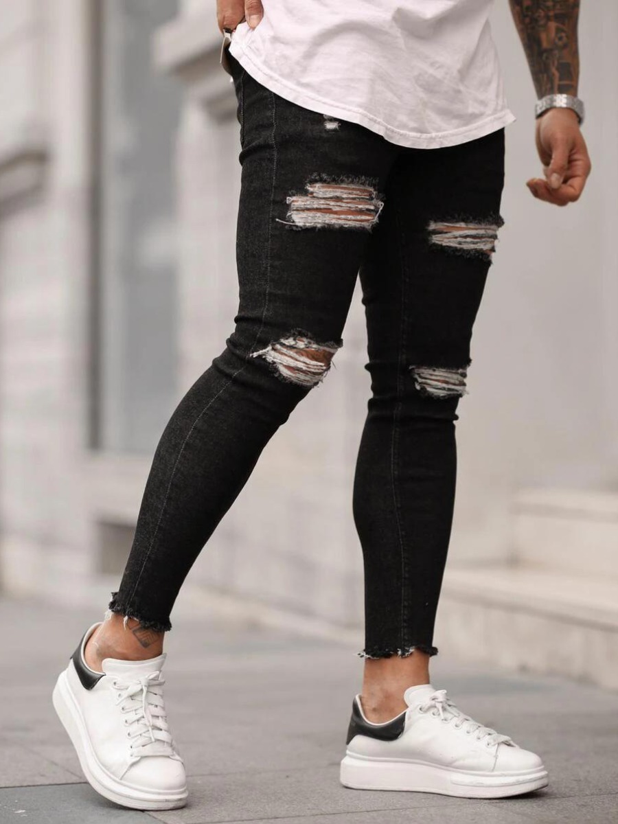 

LW Men Ripped Raw Edge Jeans, Black