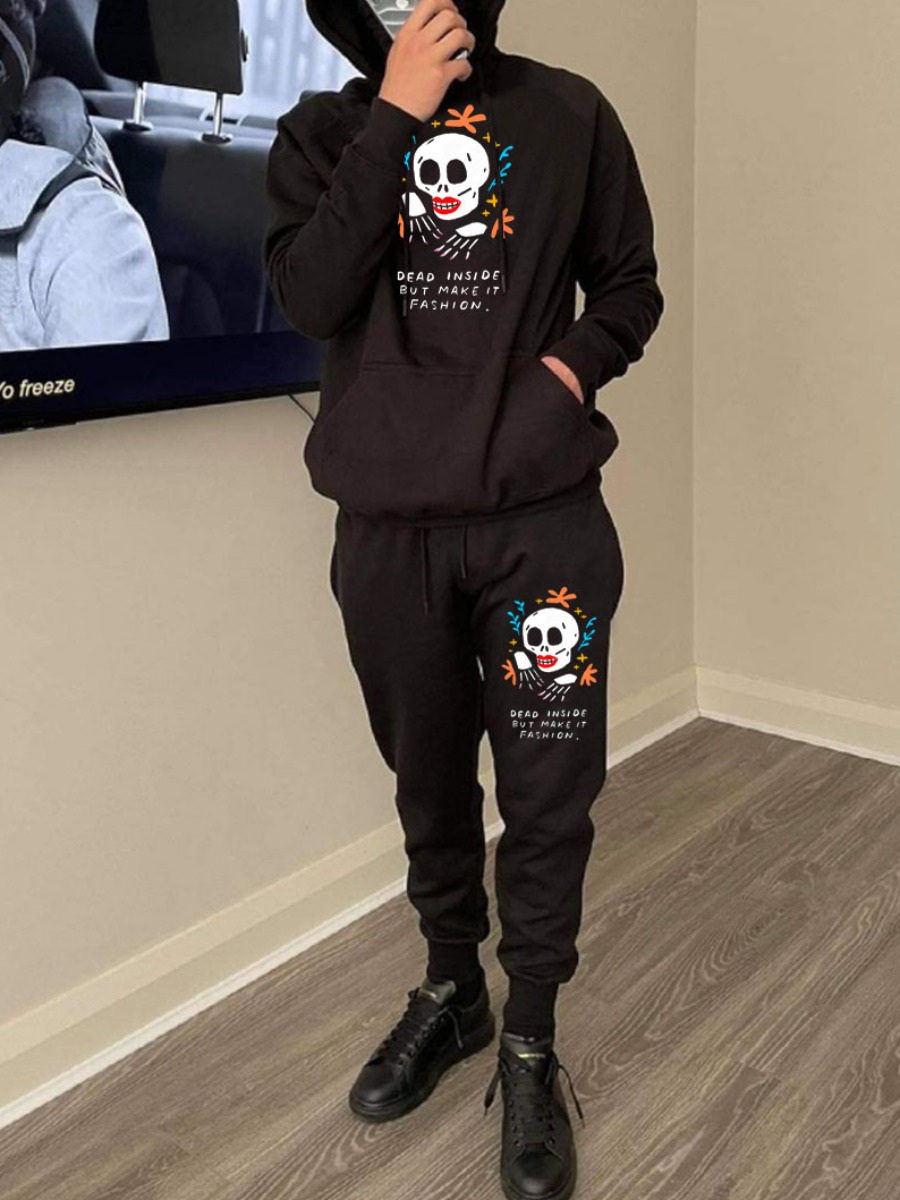 

LW Men Skull Head Letter Print Oversized Pants Set, Black