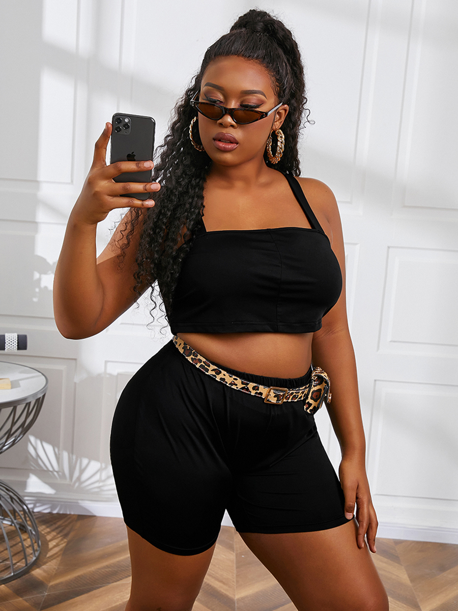 

LW Plus Size High-waisted Basic Skinny Shorts Set (Without belt), Black
